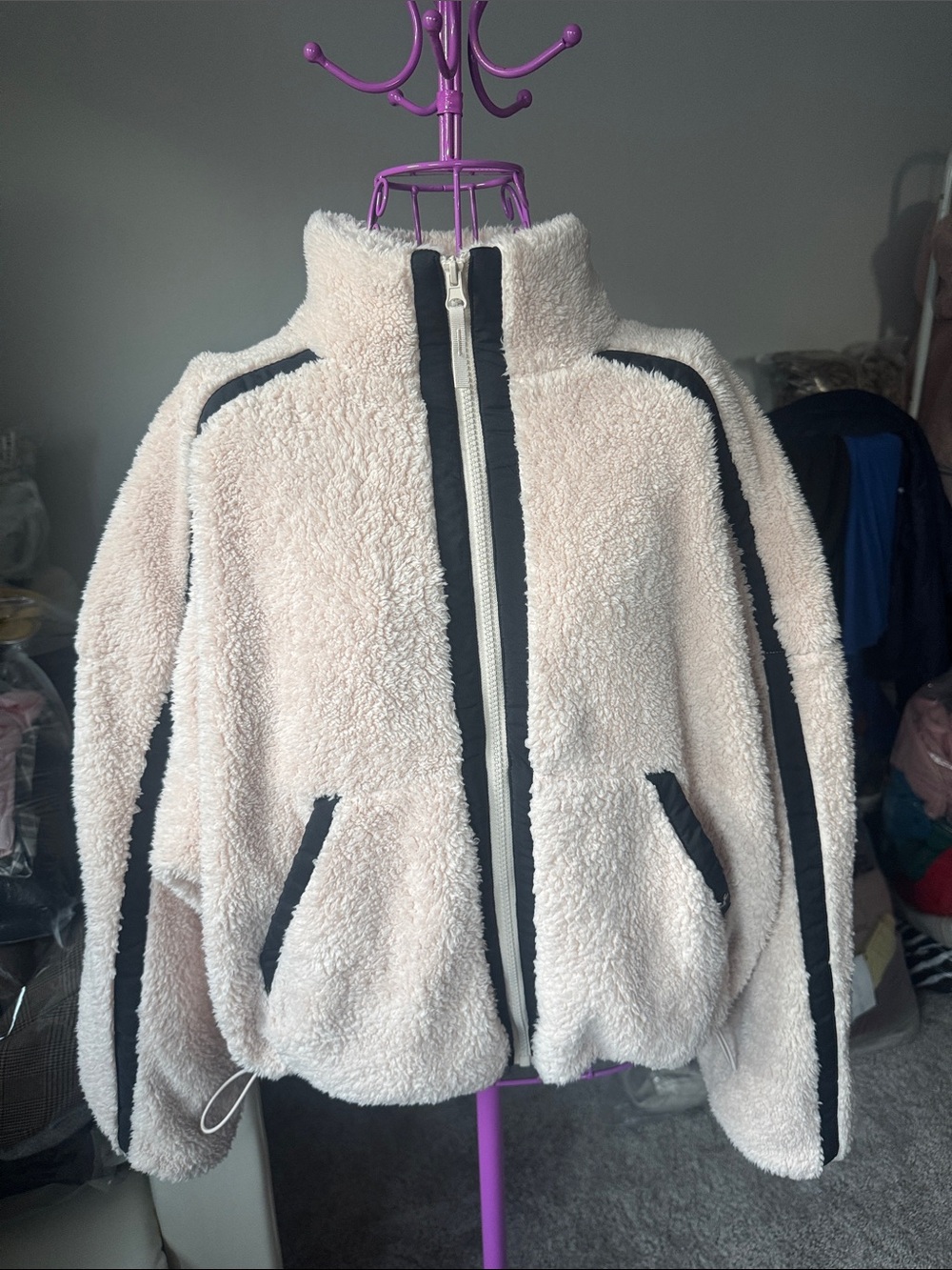Joylab Cream Sherpa Zip Teddy Jacket with Black Trim